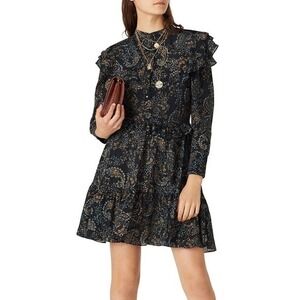 NICHOLAS Elsie Paisley Mini Dress Size 6 Black Ruffle Boho Chic Dark Academia